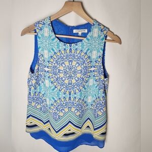 Lex And Madison Abstract Sleeveless Blouse Size Small Zip Up Blue Turquoise
